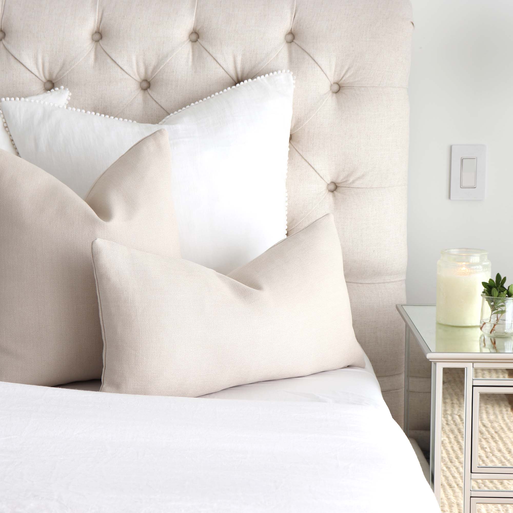Tay Solid Beige Linen Decorative Designer Pillow Cover in Bedroom