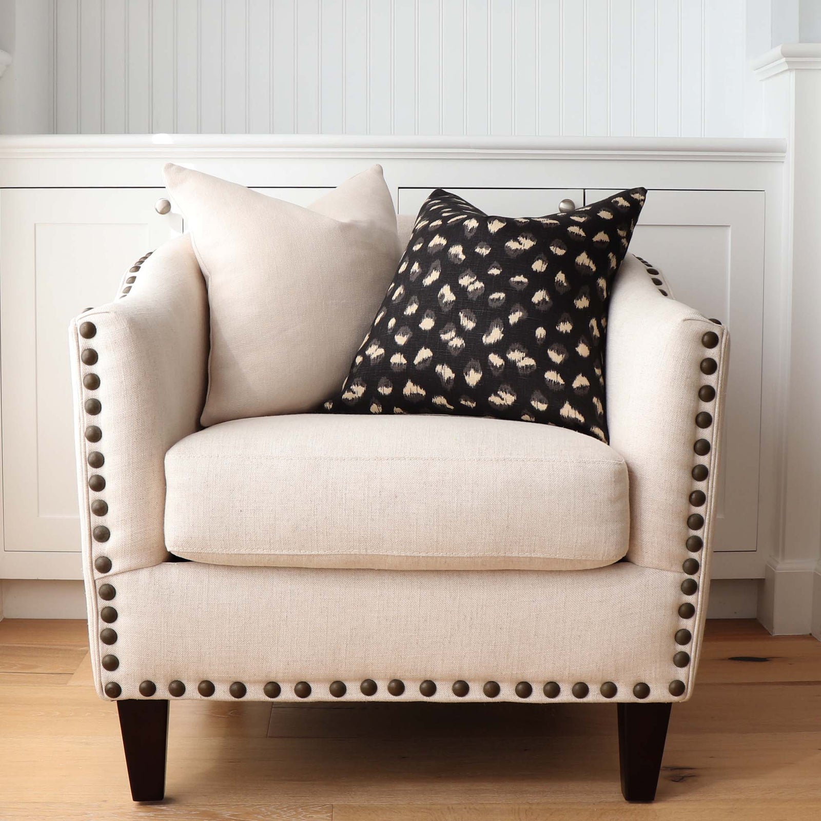 Tay Solid Beige Linen Decorative Designer Pillow Cover on Deep Arm Chair