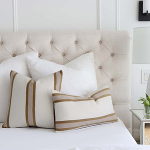 Thibaut Abito Camel Tan Stripe Designer Luxury Throw Pillow Cover on King Bed with Big White Euro Shams