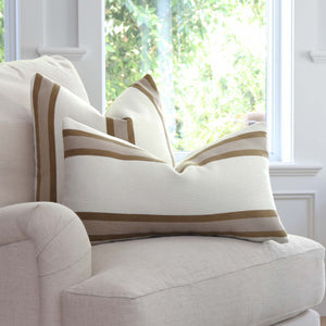 Thibaut Abito Camel Tan Stripe Designer Luxury Throw Pillow Cover on Accent Chair in Living Room