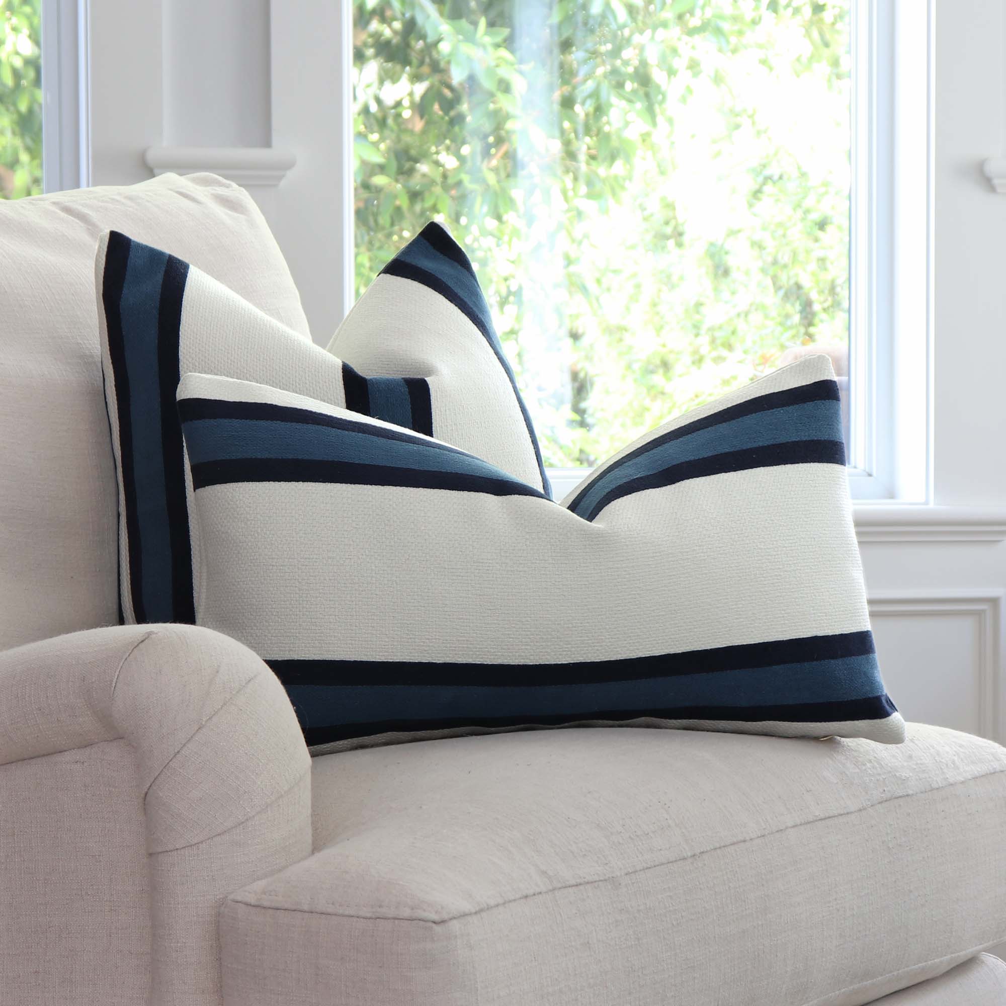 Thibaut Abito Navy Blue Stripe Designer Luxury Throw Pillow Cover on Accent Chair in Home Decor