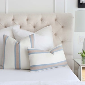 Thibaut Abito Powder Blue Stripe Designer Luxury Throw Pillow Cover on Bed with Large White Euro Shams