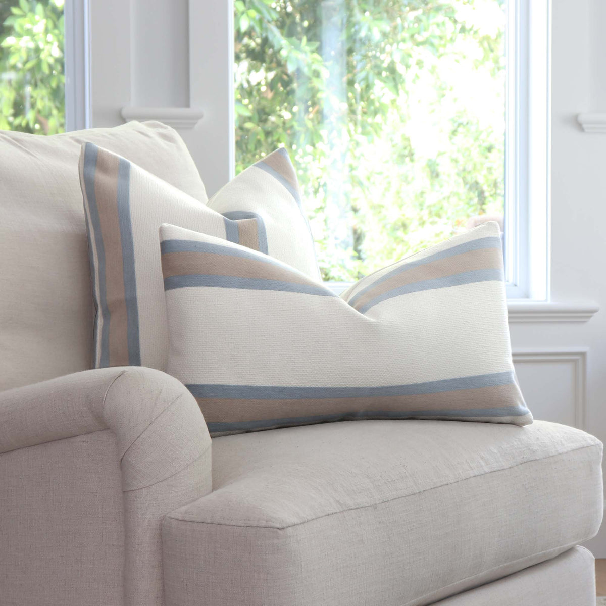 Thibaut Abito Powder Blue Stripe Designer Luxury Throw Pillow Cover on Accent Beige Chair in Home Decor