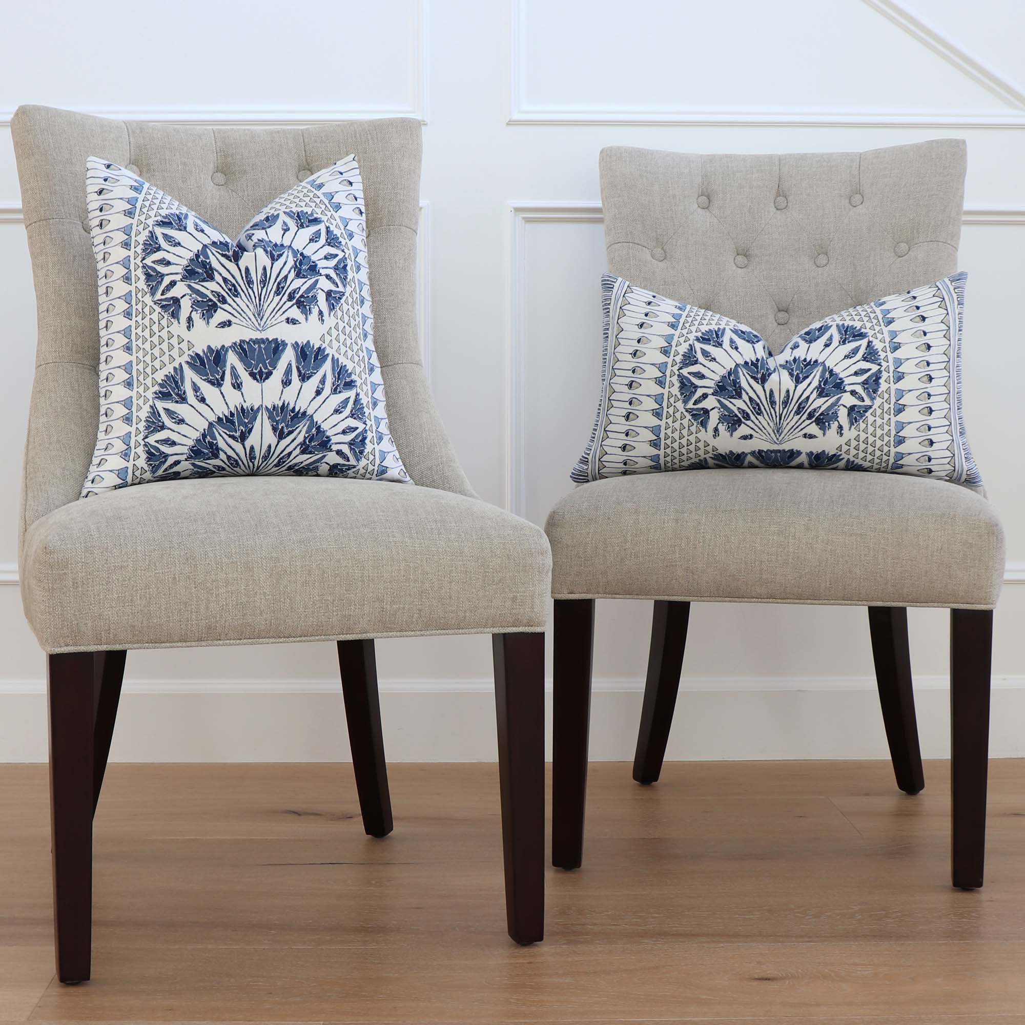 Thibaut Anna French Cairo Floral Blue Designer Luxury Throw Pillow Cover on Dining Side Chairs