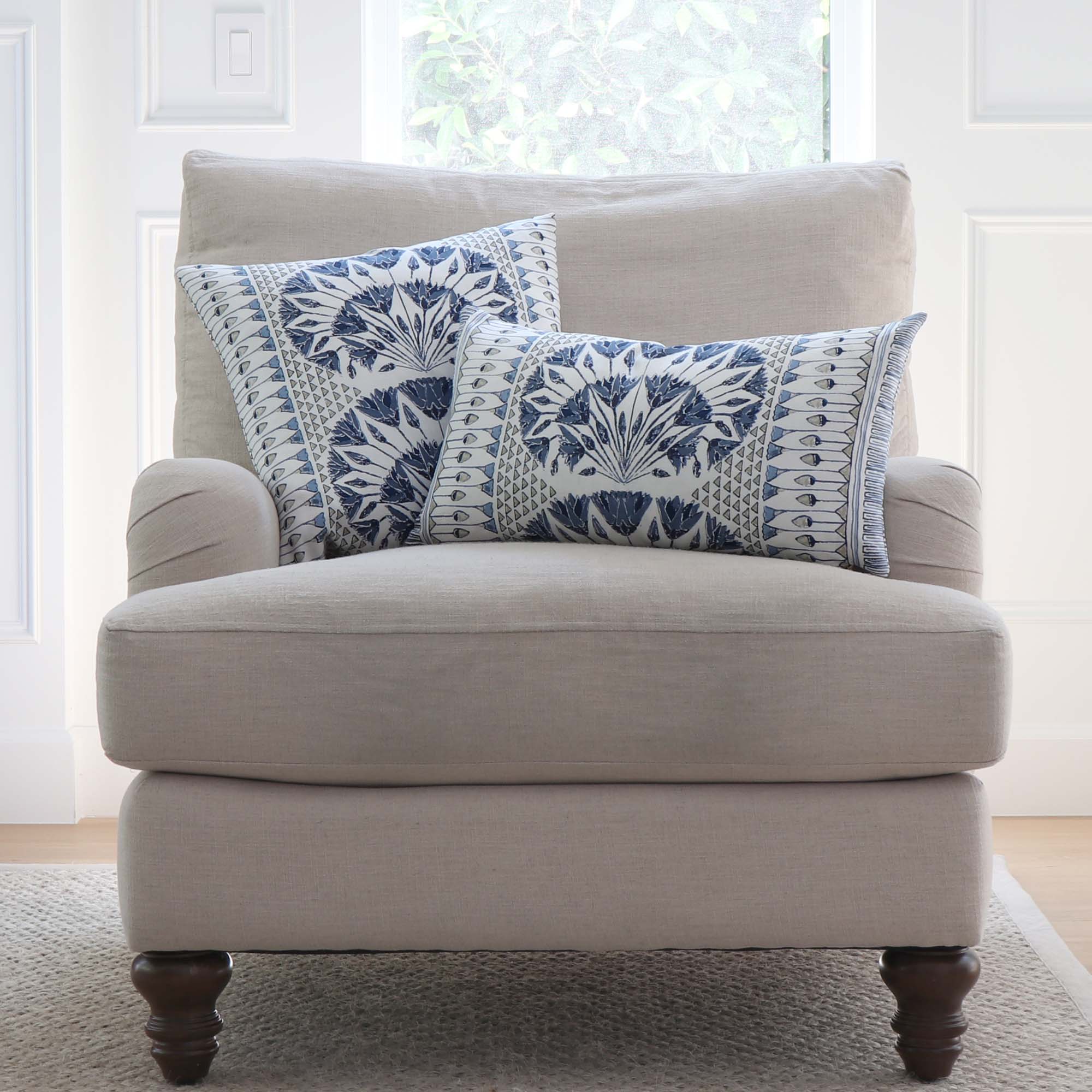 Thibaut Anna French Cairo Floral Blue Designer Luxury Throw Pillow Cover on Large Accent Arm Chair