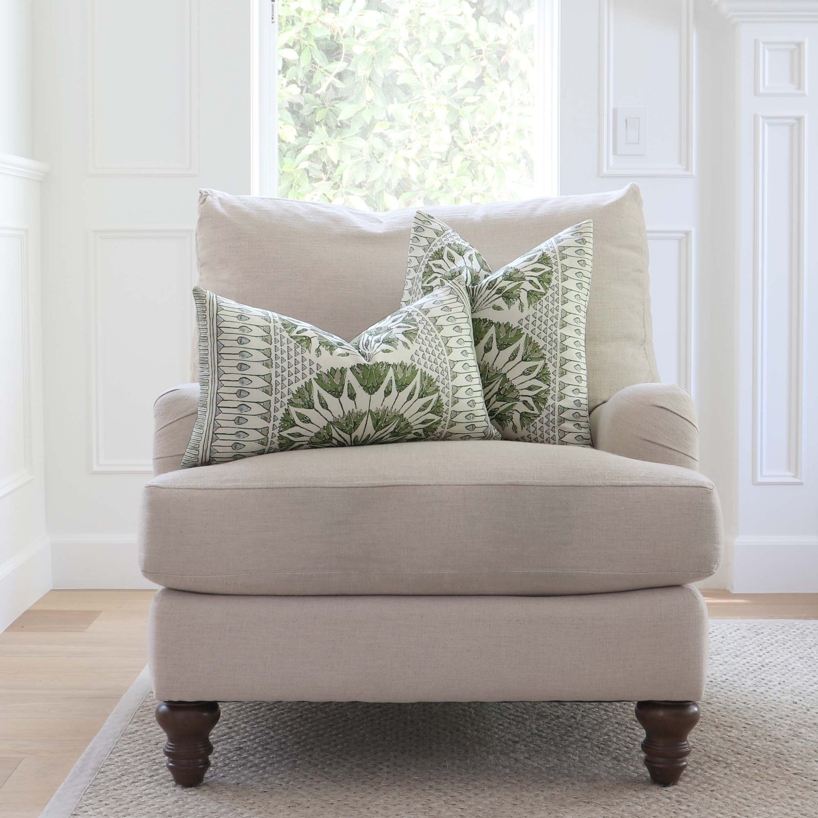 Thibaut Anna French Cairo Floral Green White Designer Luxury Throw Pillow Cover on Arm Chair in Living Room