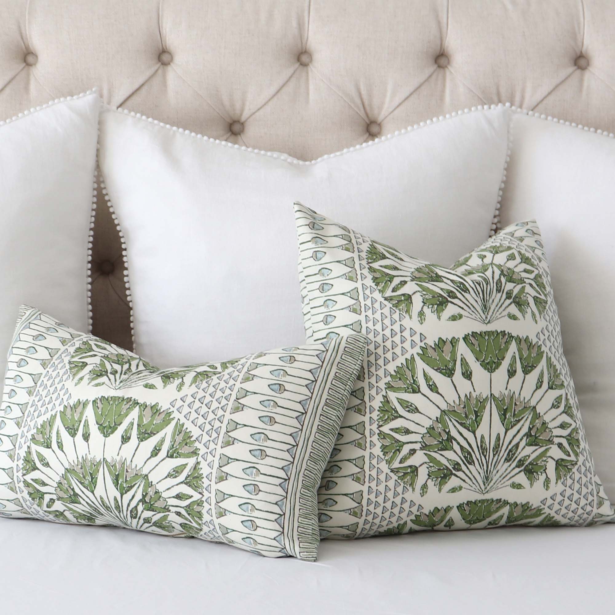 Thibaut Anna French Cairo Floral Green White Designer Luxury Throw Pillow Cover with White Euro Sham Cases