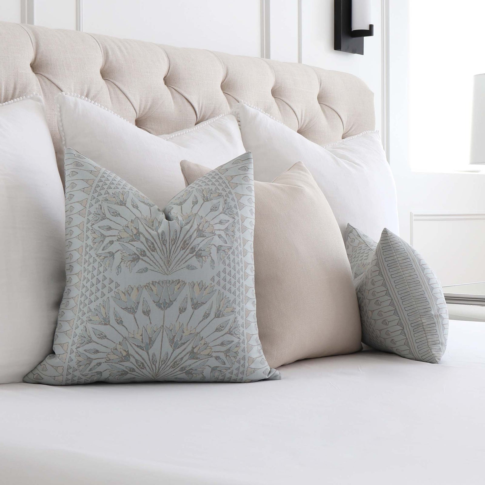 Thibaut Anna French Cairo Floral Spa Blue Designer Luxury Throw Pillow Cover in Bedroom