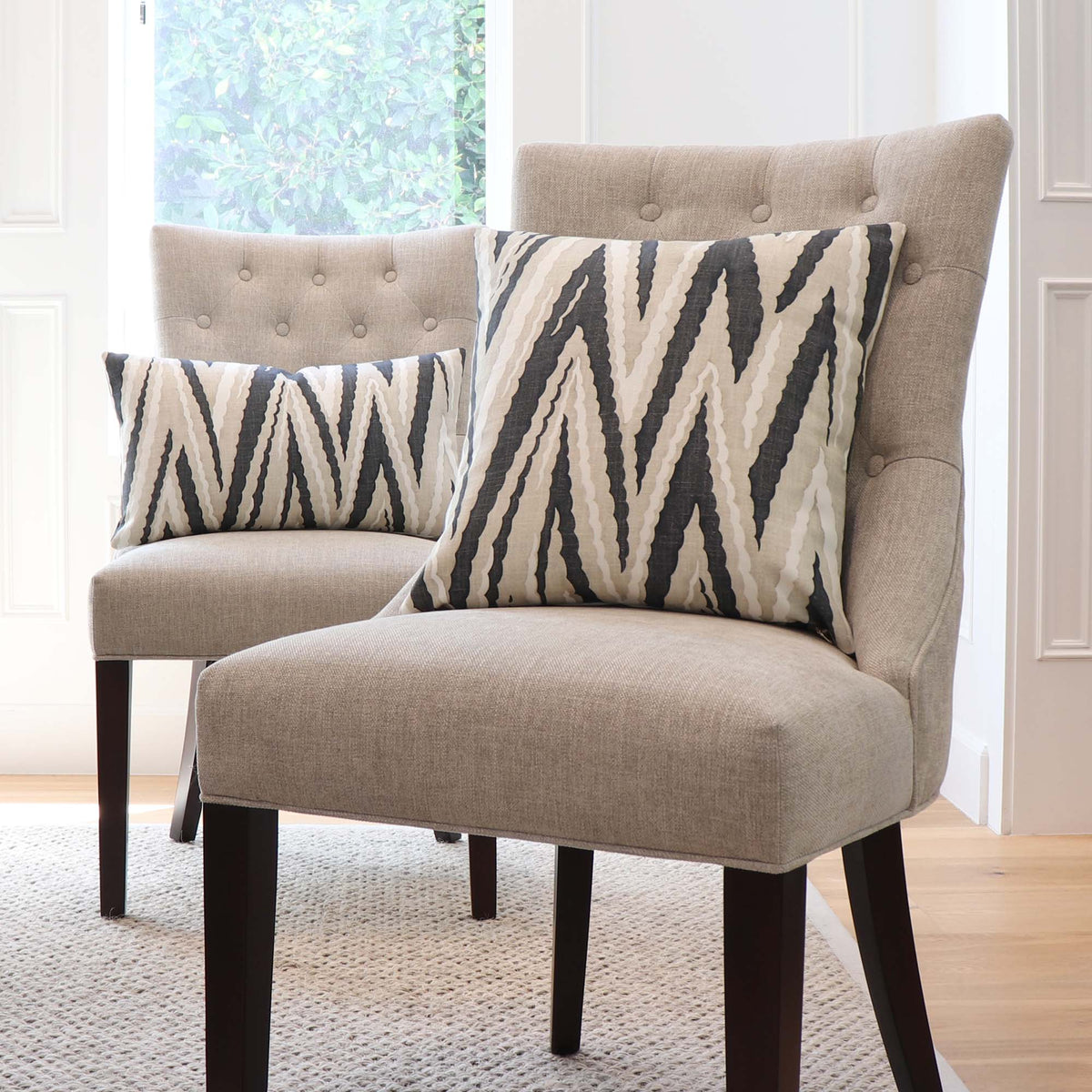 Thibaut Anna French Highland Peak Black Printed Chevron Linen Decorative Throw Pillow Cover on Side Chairs in Home