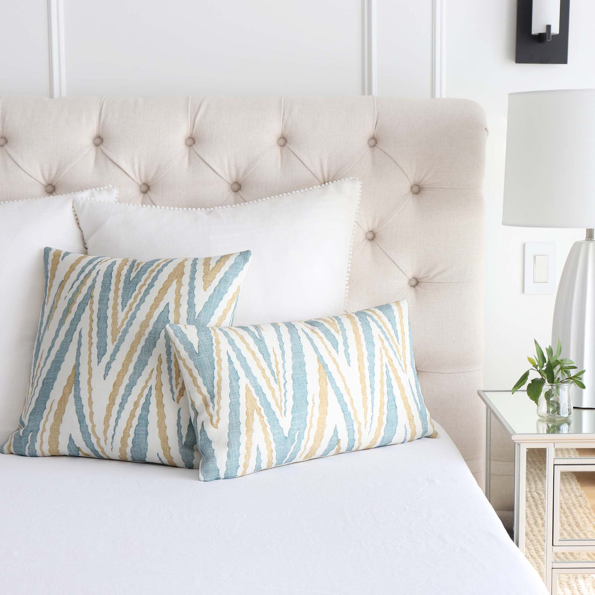 Thibaut Anna French Highland Peak Turquoise Chevron Printed Linen Designer Decorative Throw Pillow Cover in Bedroom