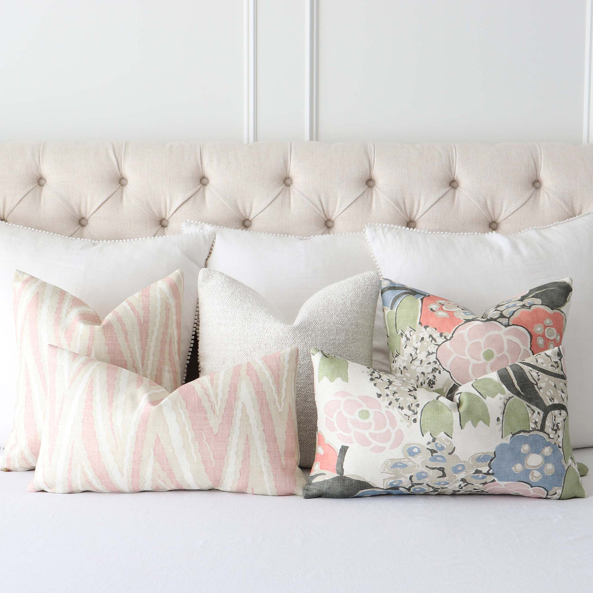 Thibaut Anna French Highland Peak Blush Pink Chevron Linen Designer Decorative Throw Pillow Cover on Bed with Matching Throw Pillows