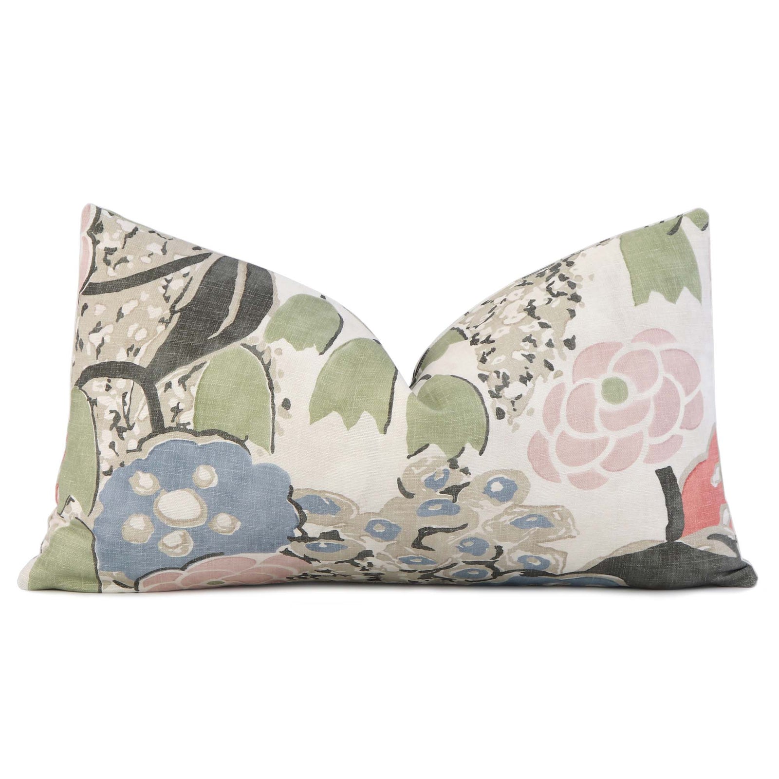 Thibaut Anna French Laura Floral Blush and Green Linen Designer Lumbar Throw Pillow Cover