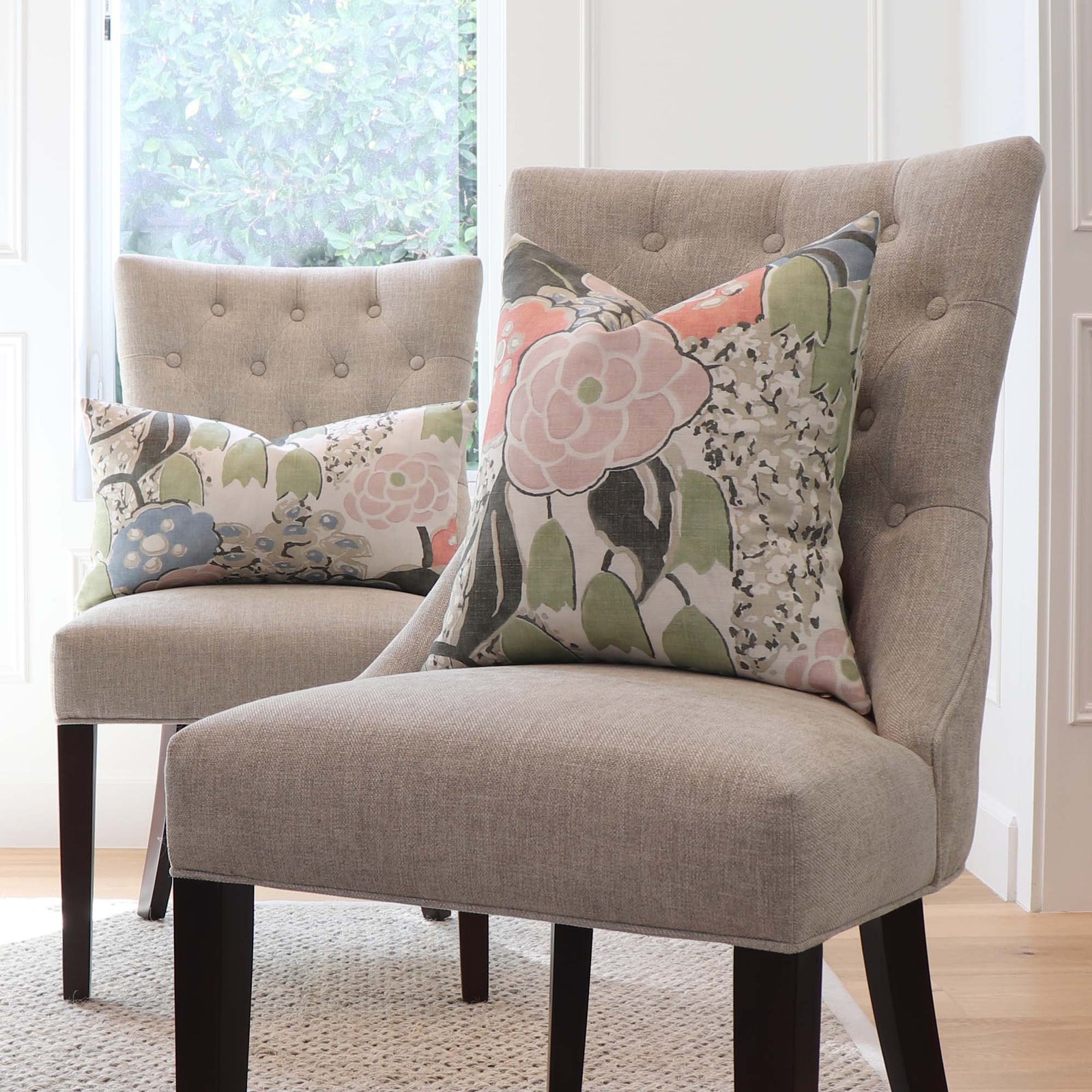 Thibaut Anna French Laura Floral Blush and Green Linen Designer Throw Pillow Cover on Chairs in Home Decor