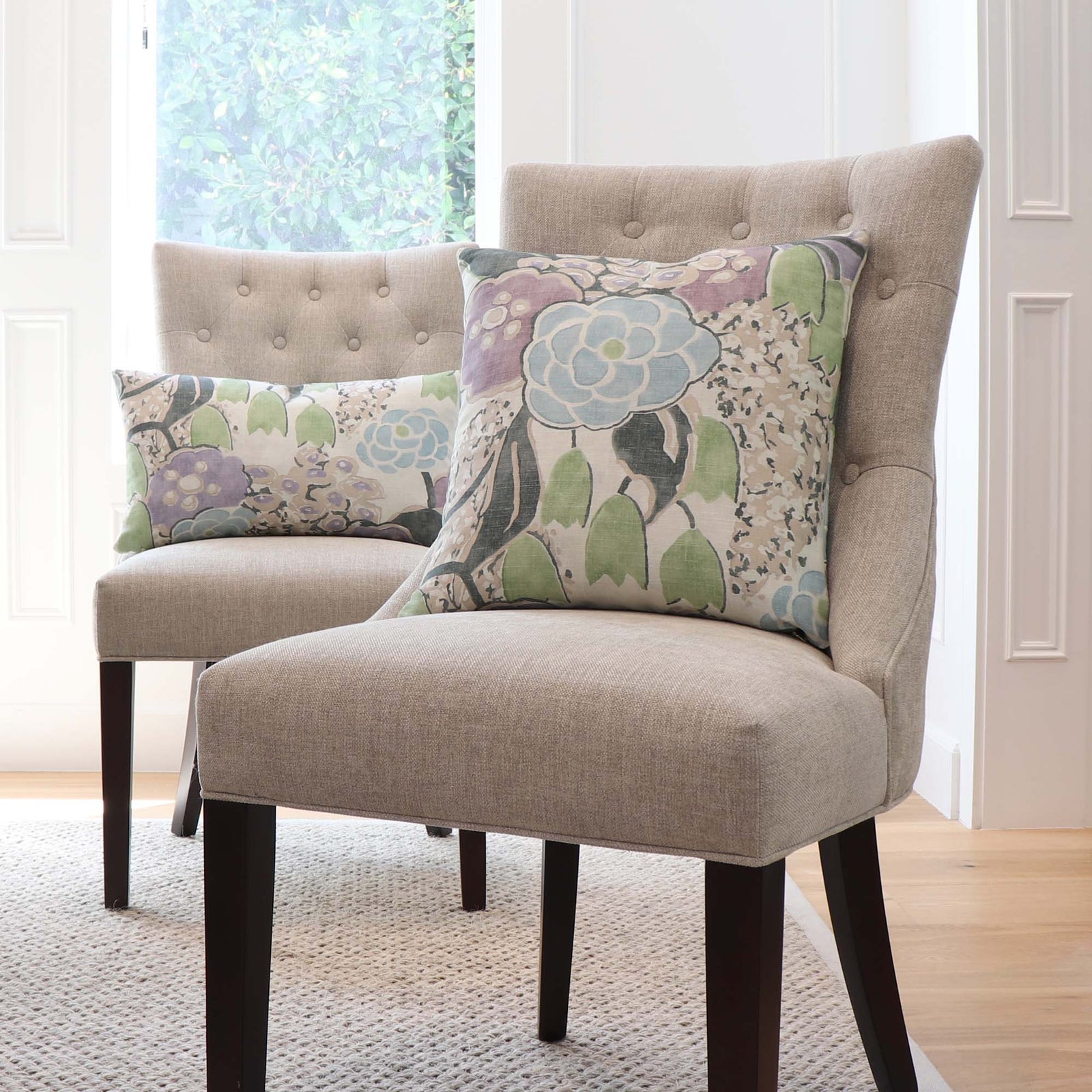 Thibaut Anna French Laura Lavender Purple and Green Floral Linen Designer Decorative Throw Pillow Cover on Chairs in Home Decor