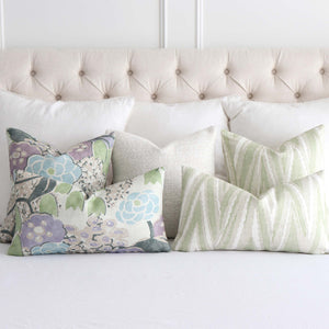 Thibaut Anna French Laura Lavender Purple and Green Floral Linen Designer Decorative Throw Pillow Cover with Complementing Throw Pillows on Bed