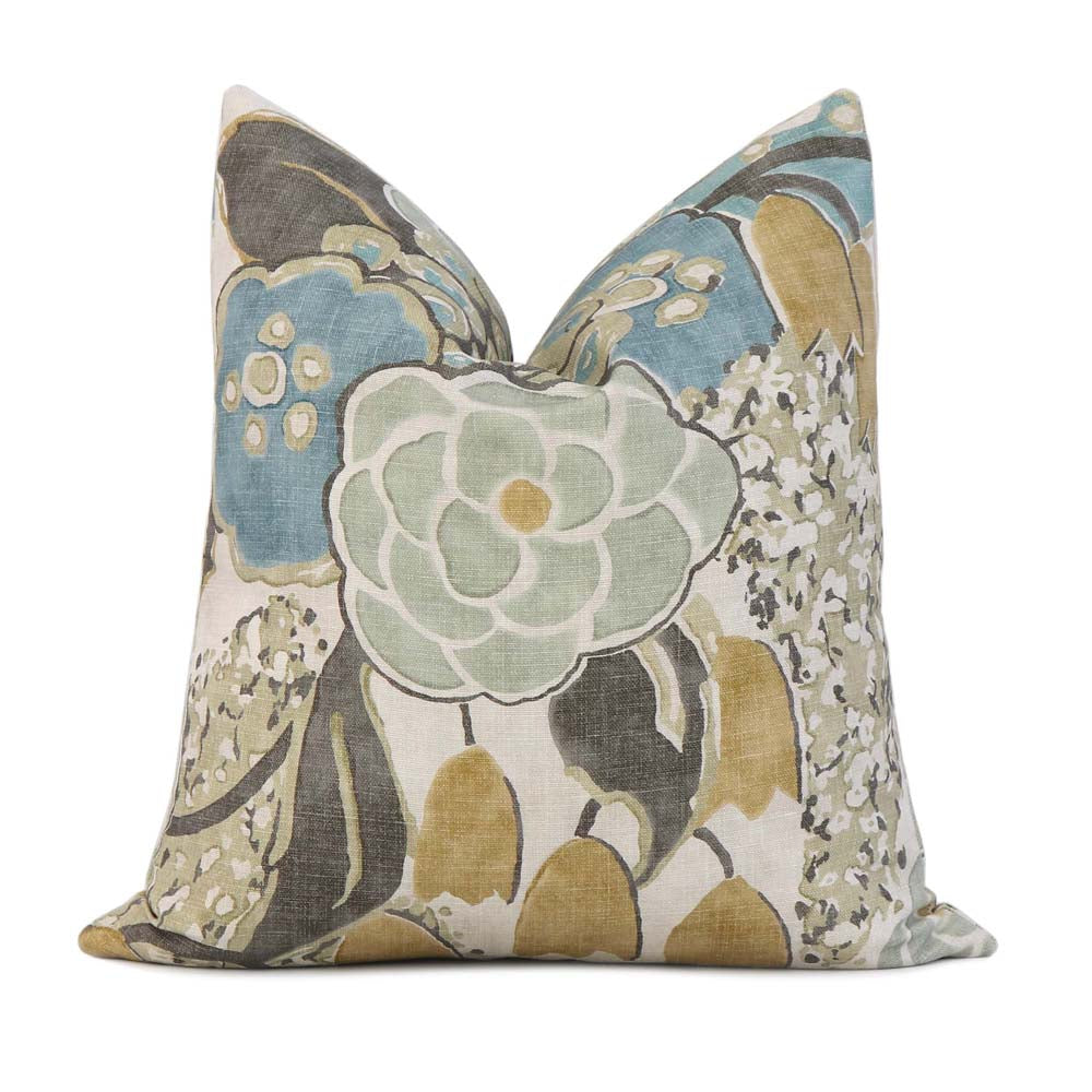 Thibaut Anna French Laura Sage Green Gold Yellow Floral Linen Decorative Throw Pillow Cover