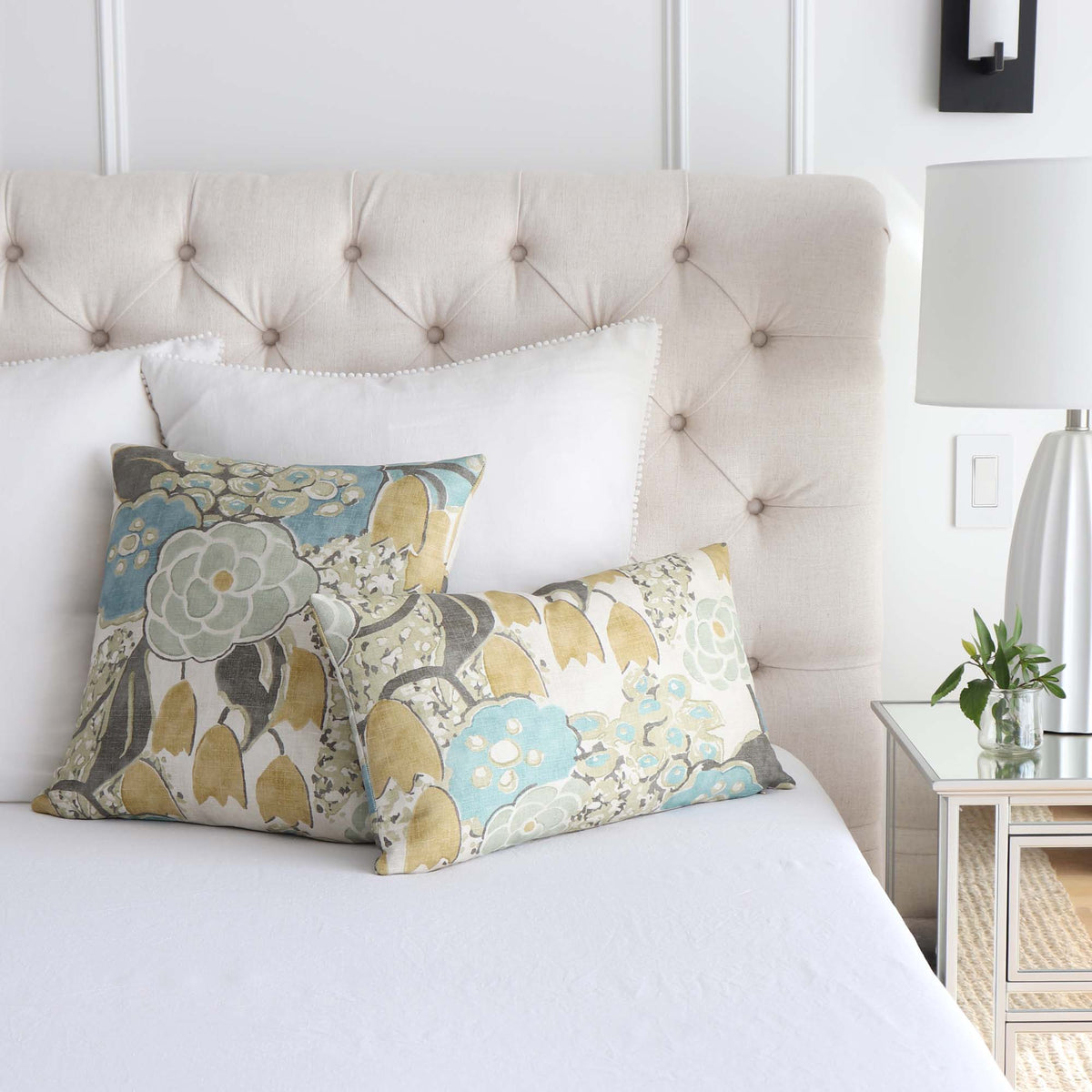 Thibaut Anna French Laura Sage Green Gold Yellow Floral Linen Decorative Throw Pillow Cover in Bedroom