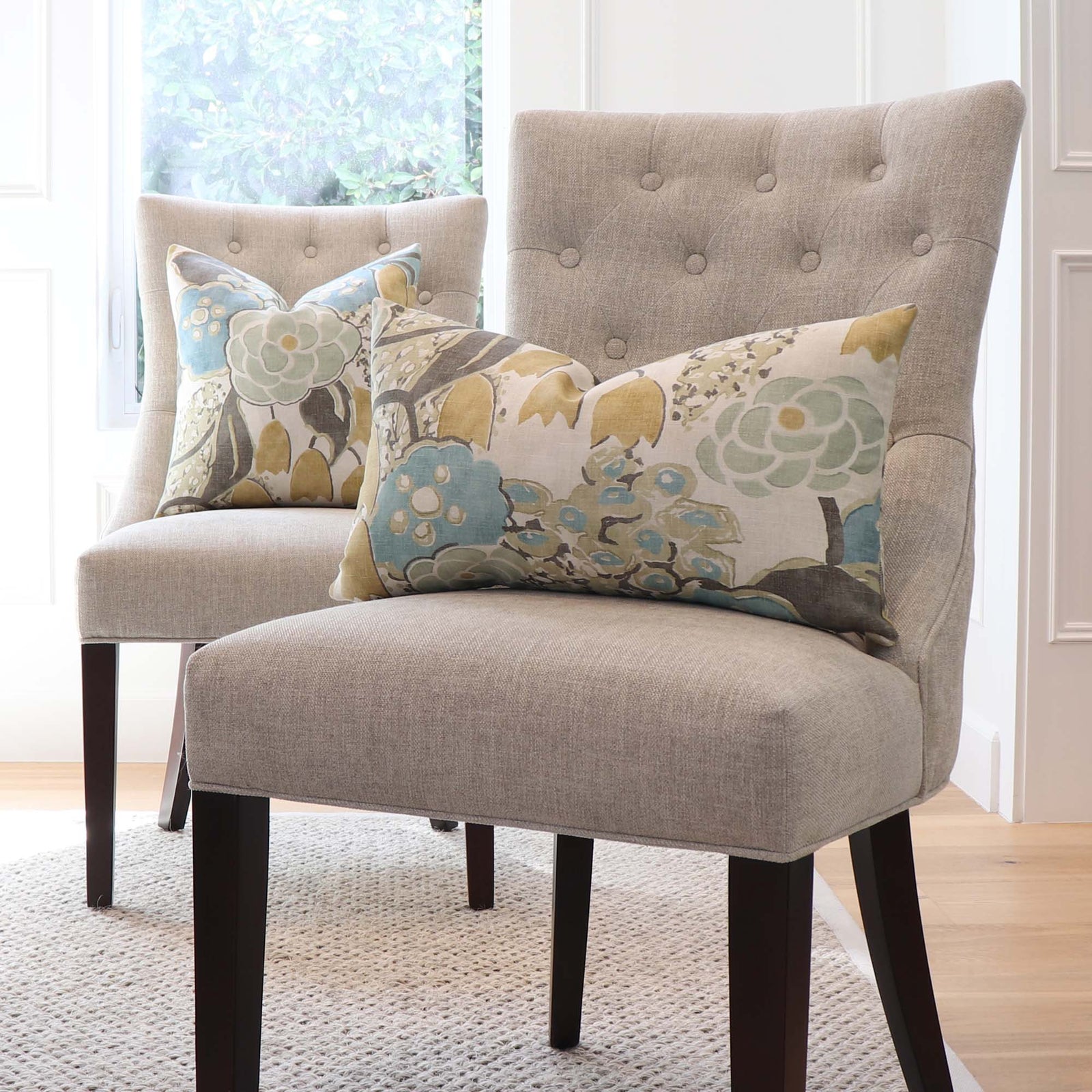 Thibaut Anna French Laura Sage Green Gold Yellow Floral Linen Decorative Throw Pillow Cover on Armless Chairs in Home Decor