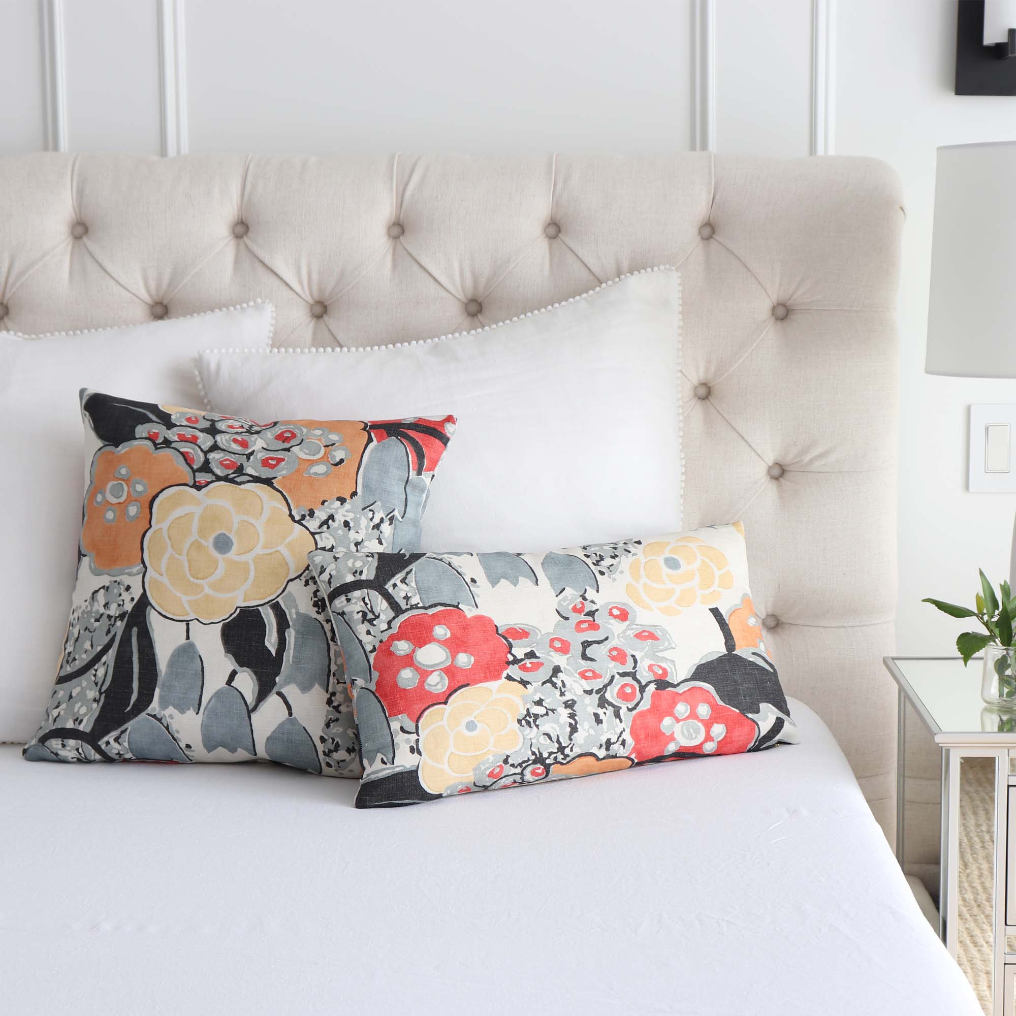 Thibaut Anna French Laura Coral Orange Black Floral Linen Designer Decorative Throw Pillow Cover