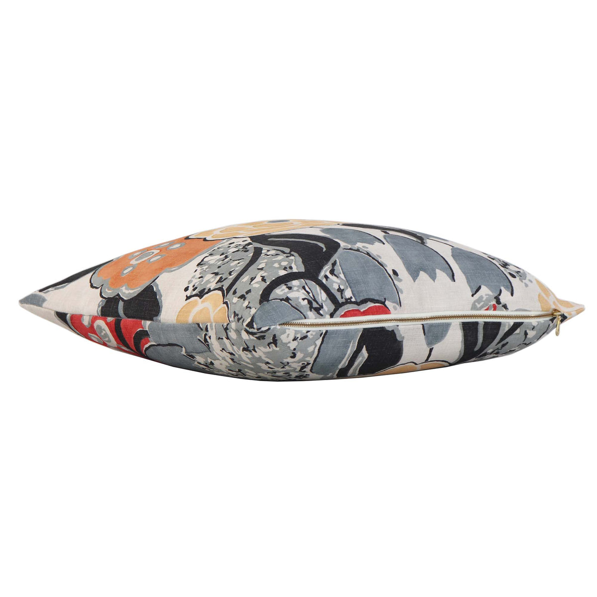 Thibaut Anna French Laura Coral Orange Black Floral Linen Designer Decorative Throw Pillow Cover with Exposed Brass Gold Zipper