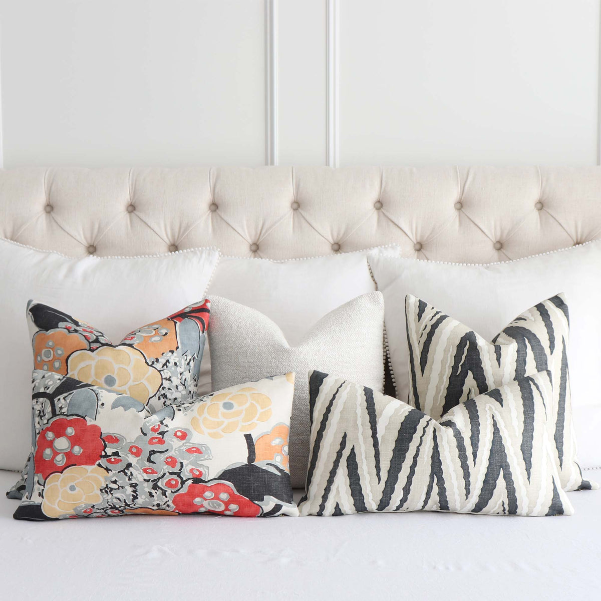 Thibaut Anna French Laura Coral Orange Black Floral Linen Designer Decorative Throw Pillow Cover with Matching Throw Pillows