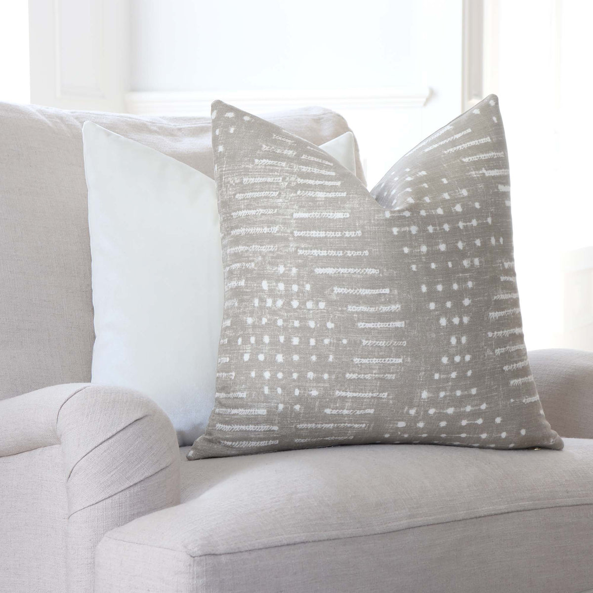 Thibaut Mali Flax Taupe Designer Throw Pillow Cover on Arm Chair in Living Room