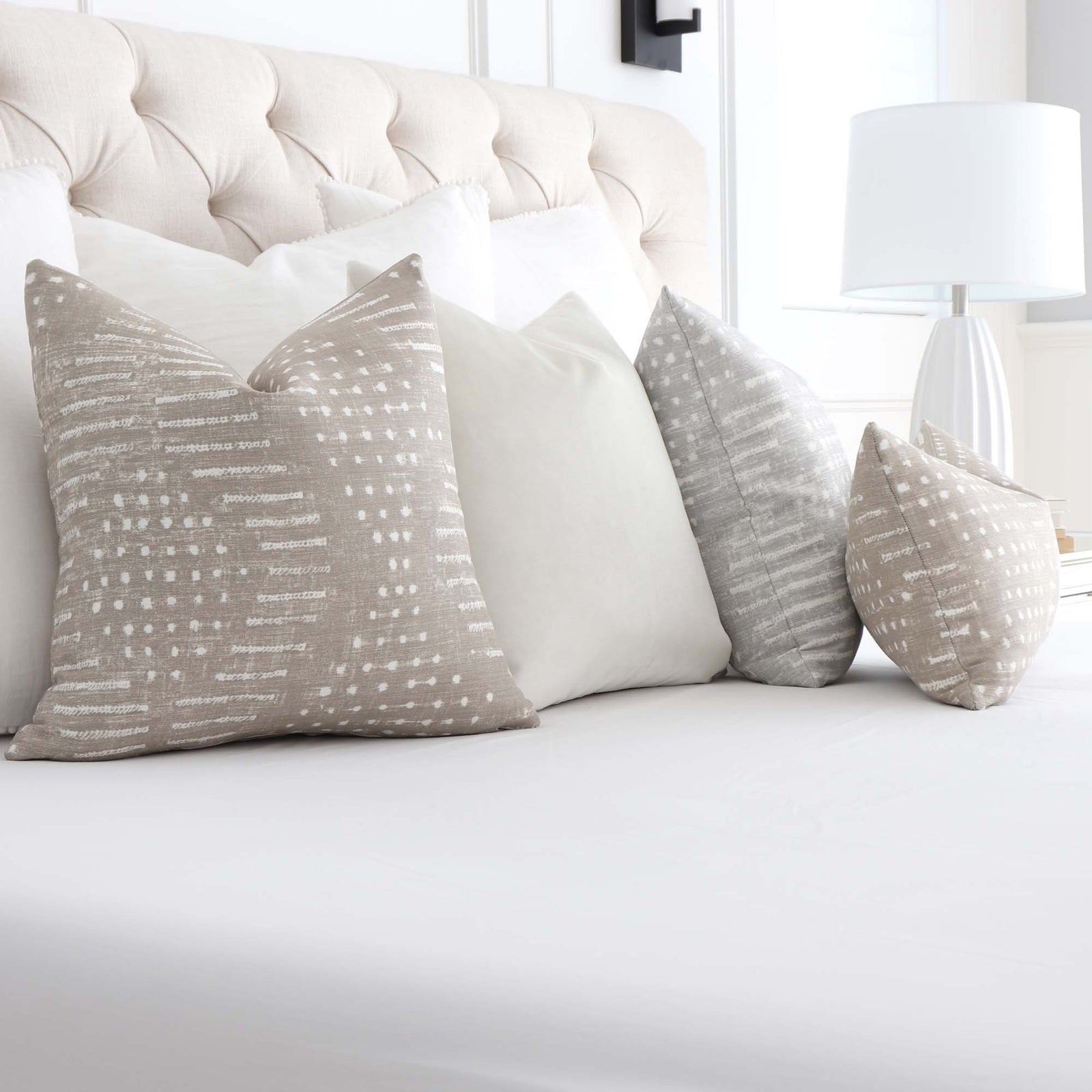 Thibaut Mali Flax Taupe Designer Throw Pillow Cover on Bed in Bedroom