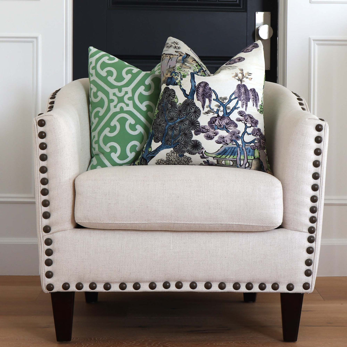 Thibaut Asian Scenic Chinoiserie Purple and Blue Designer Luxury Decorative Throw Pillow Cover on Club Chair in Home Decor