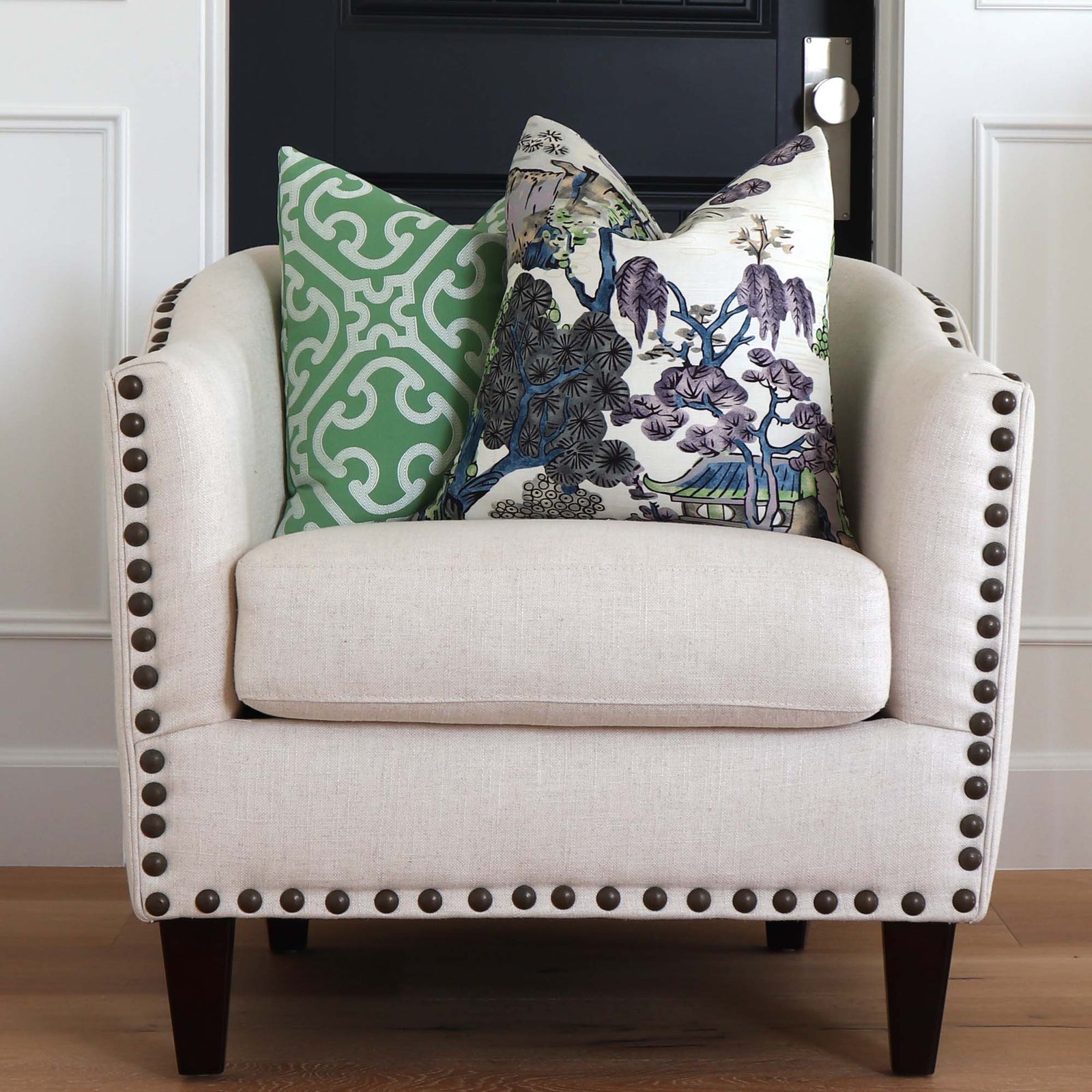 Thibaut Asian Scenic Chinoiserie Purple and Blue Designer Luxury Decorative Throw Pillow Cover on Club Chair in Home Decor