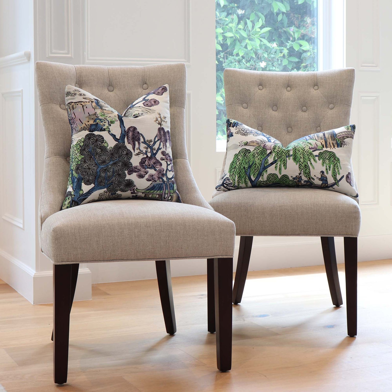 Thibaut Asian Scenic Chinoiserie Purple and Blue Designer Luxury Decorative Throw Pillow Cover on Side Chairs in Home