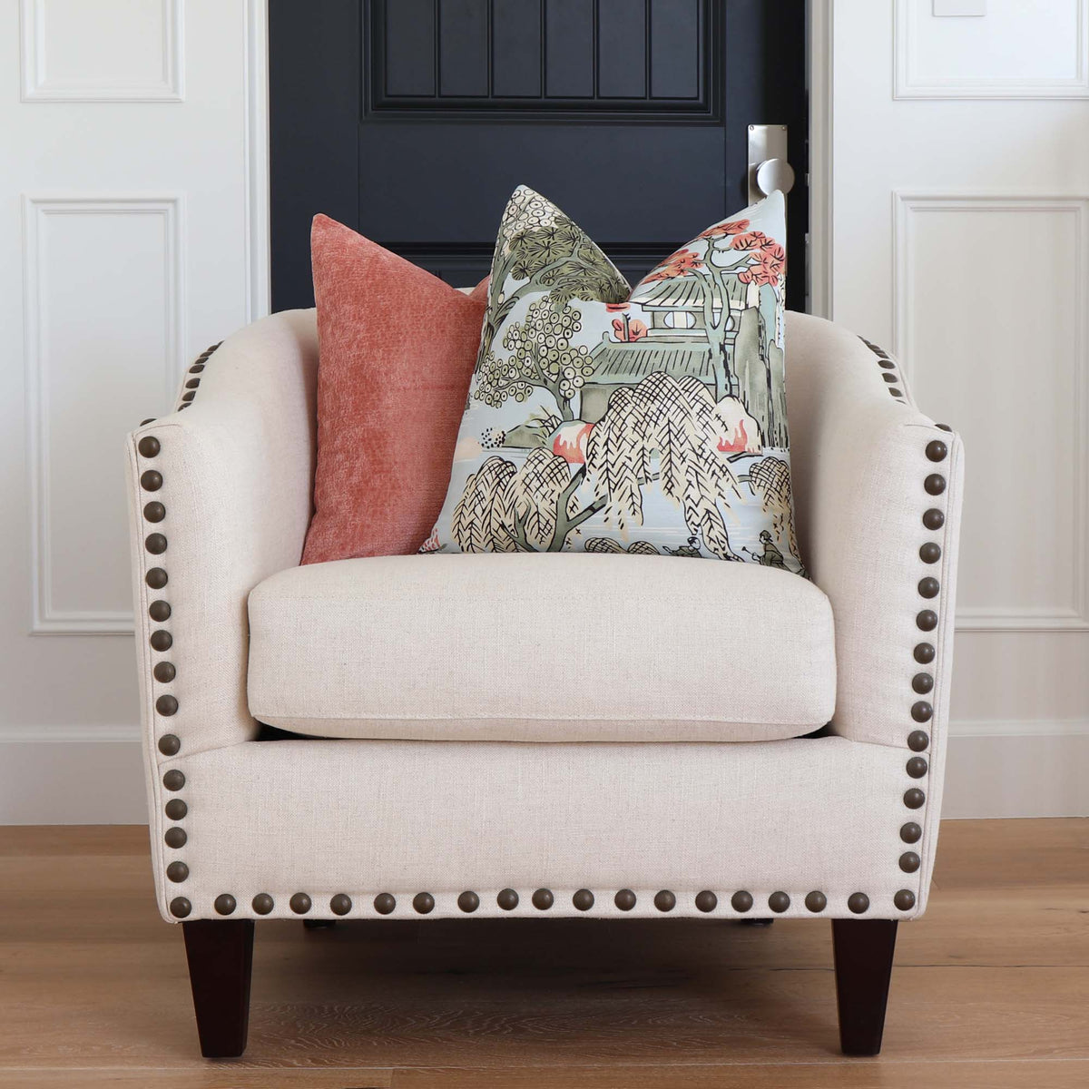 Thibaut Asian Scenic Robin&#39;s Egg Chinoiserie Designer Luxury Decorative Throw Pillow Cover on Accent Chair in Home