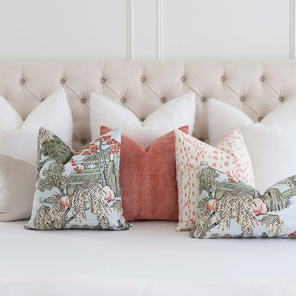 Chinoiserie Asian Scenic Thibaut Throw Pillow in Coral and Green - Chloe &  Olive