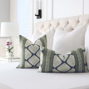Thibaut Austin Bluestone and Green Ikat Block Print Designer Luxury Decorative Throw Pillow Cover in Bedrooom