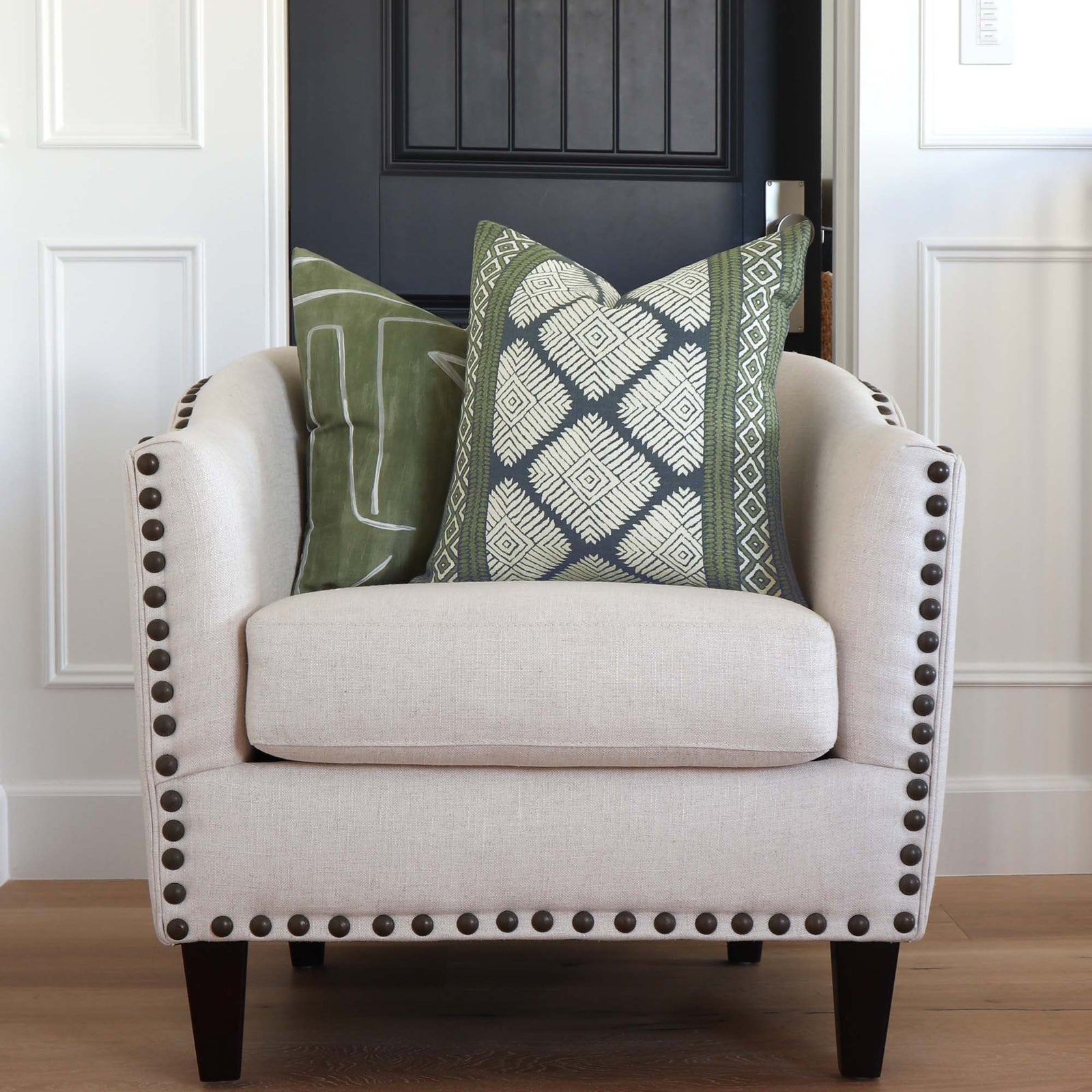 Thibaut Austin Bluestone and Green Ikat Block Print Designer Luxury Decorative Throw Pillow Cover on White Chair in Home Decor