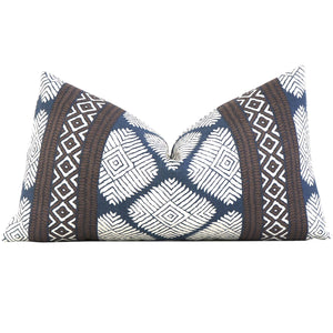 Thibaut Austin Brown and Navy Blue Block Print Designer Luxury Lumbar Throw Pillow Cover