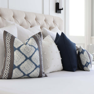 Thibaut Austin Brown and Navy Blue Block Print Designer Luxury Throw Pillow Cover in Bedroom