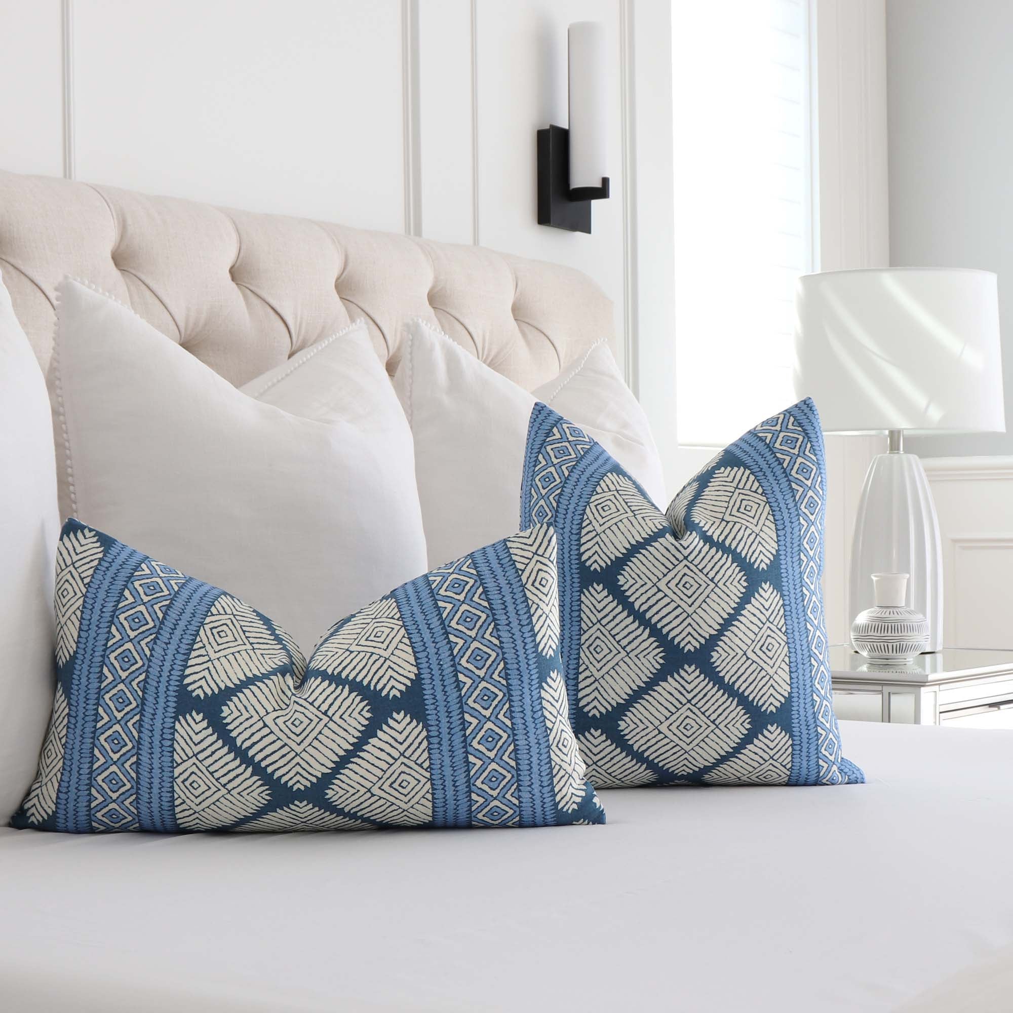 Thibaut Austin Navy Blue Block Print Geometric Designer Luxury Decorative Throw Pillow Cover in Bedroom