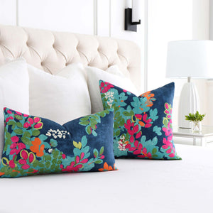 Thibaut Central Park Floral Navy and Pink Designer Luxury Throw Pillow Cover in Bedroom