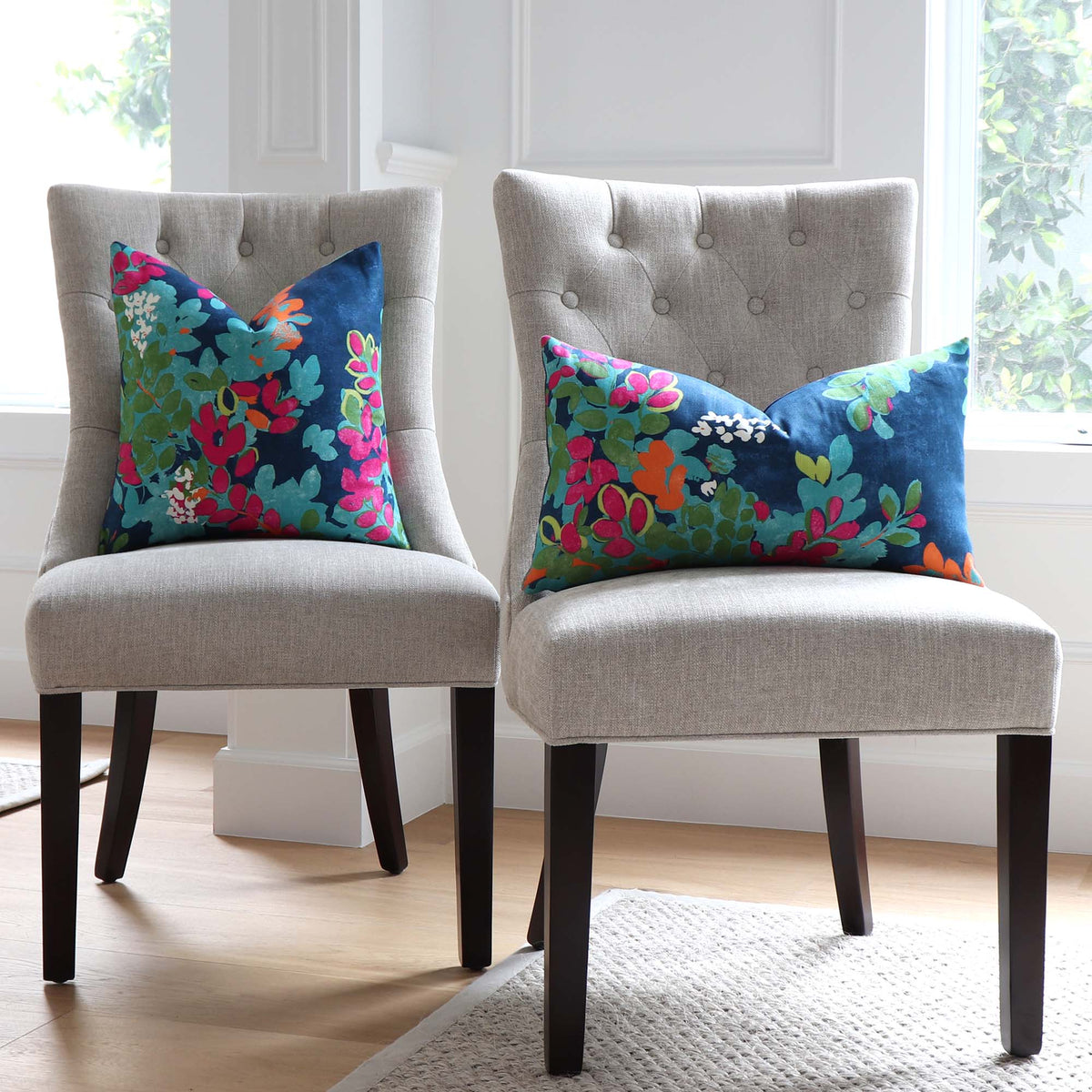 Thibaut Central Park Floral Navy and Pink Designer Luxury Throw Pillow Cover on Dining Chairs