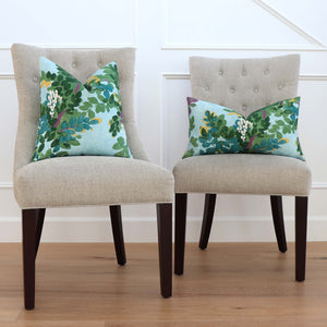 Thibaut Central Park Floral Sky Blue Designer Luxury Throw Pillow Cover on Tufted Accent Chairs