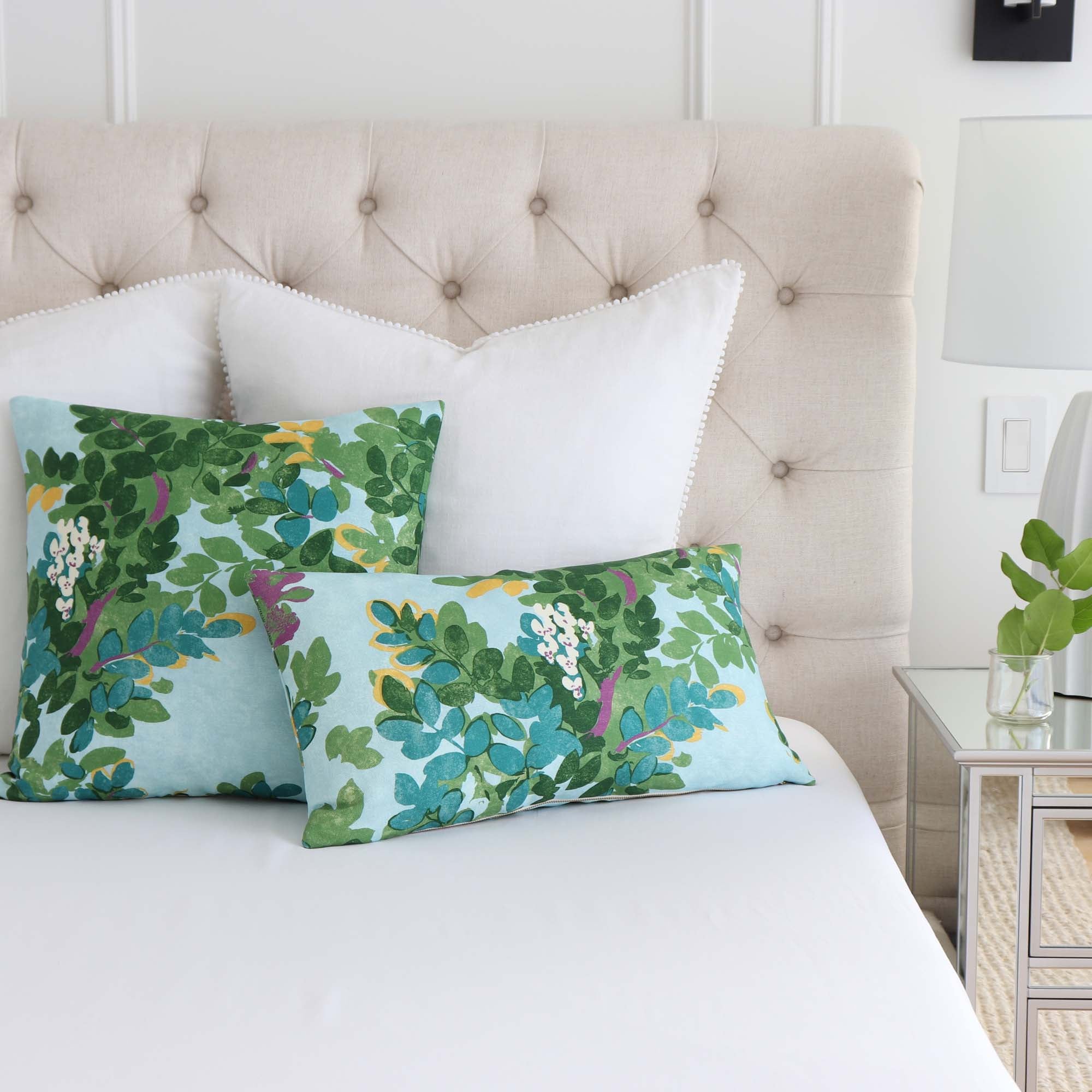 Samali Sky Blue and Green Floral Lumbar Pillow Cover