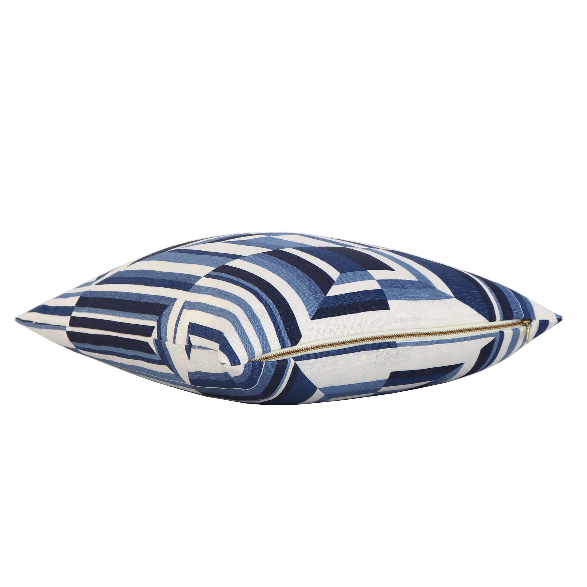Thibaut Cubism Geometric Blue and White Stripes Linen Designer Luxury Decorative Throw Pillow Cover with Exposed Brass Gold Zipper