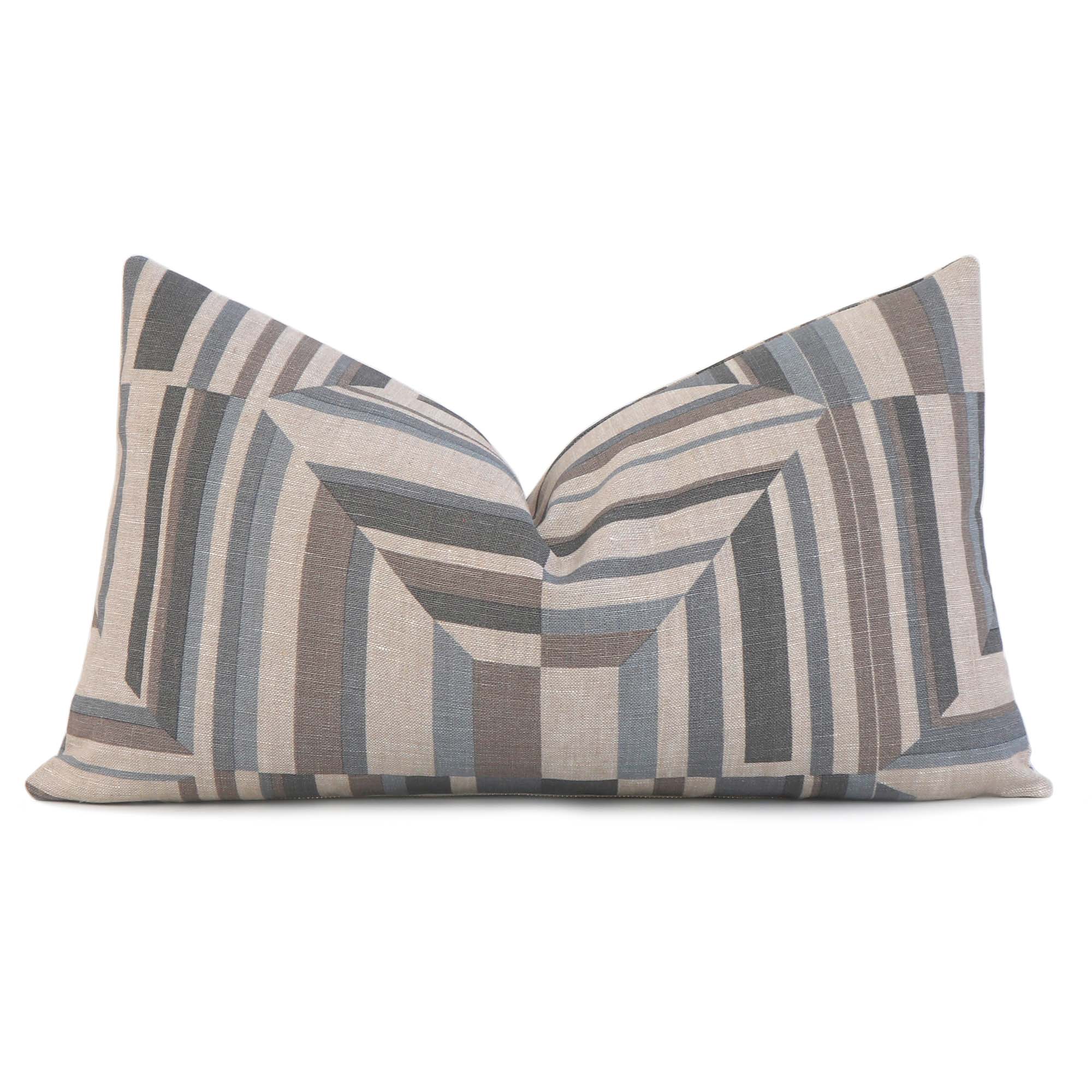 Thibaut Cubism Geometric Spa Blue on Flax Stripes Linen Designer Luxury Decorative Lumbar Throw Pillow Cover