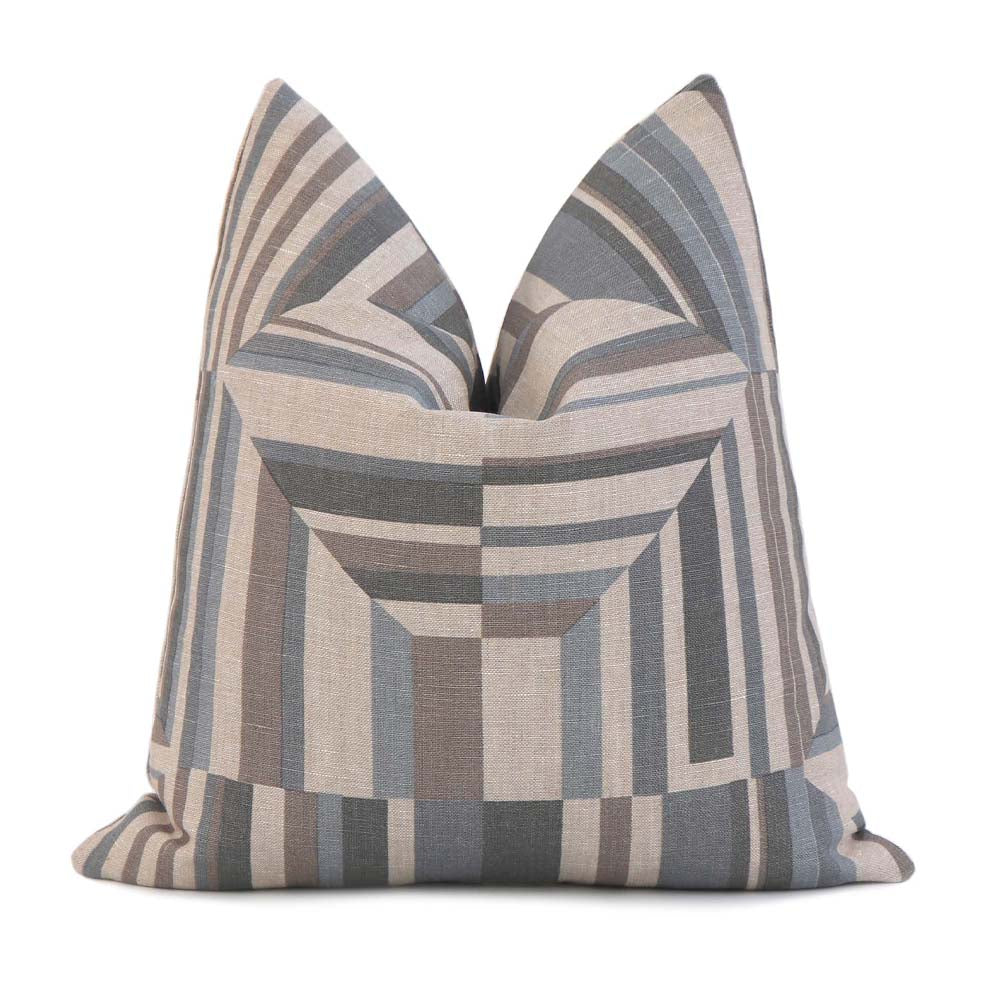 Thibaut Cubism Geometric Spa Blue on Flax Stripes Linen Designer Luxury Decorative Throw Pillow Cover