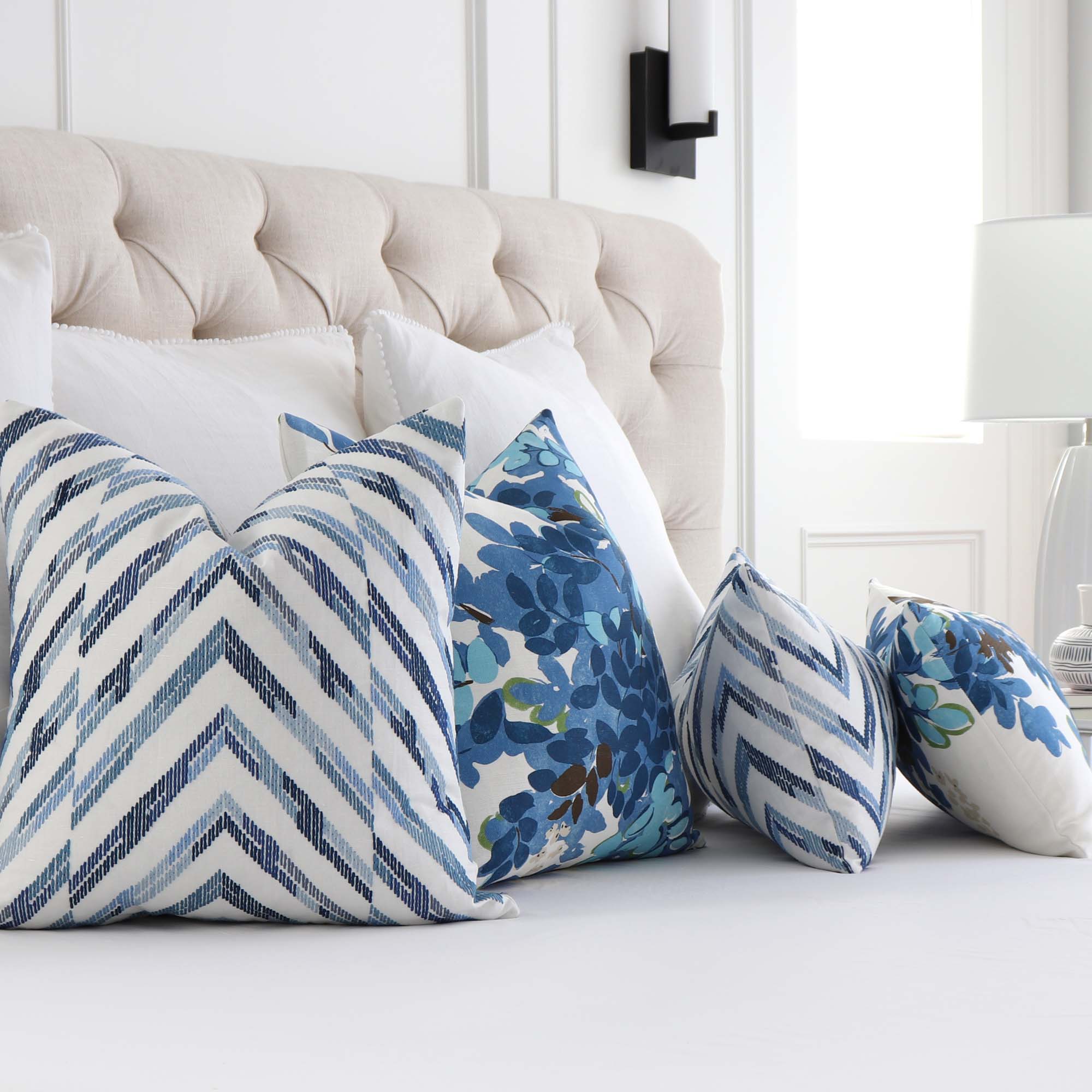 Thibaut Hamilton Embroidered Textured Blue and White Chevron Geometric Designer Luxury Throw Pillow Cover with Thibuat Central Park Pillows