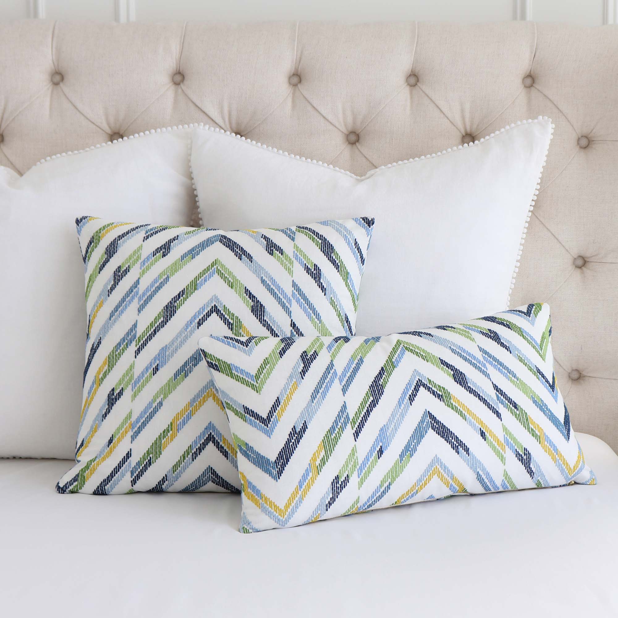 Thibaut Hamilton Textured Embroidery Geometric Blue and Yellow Designer Throw Pillow Cover with White Pom Pom Euro Shams