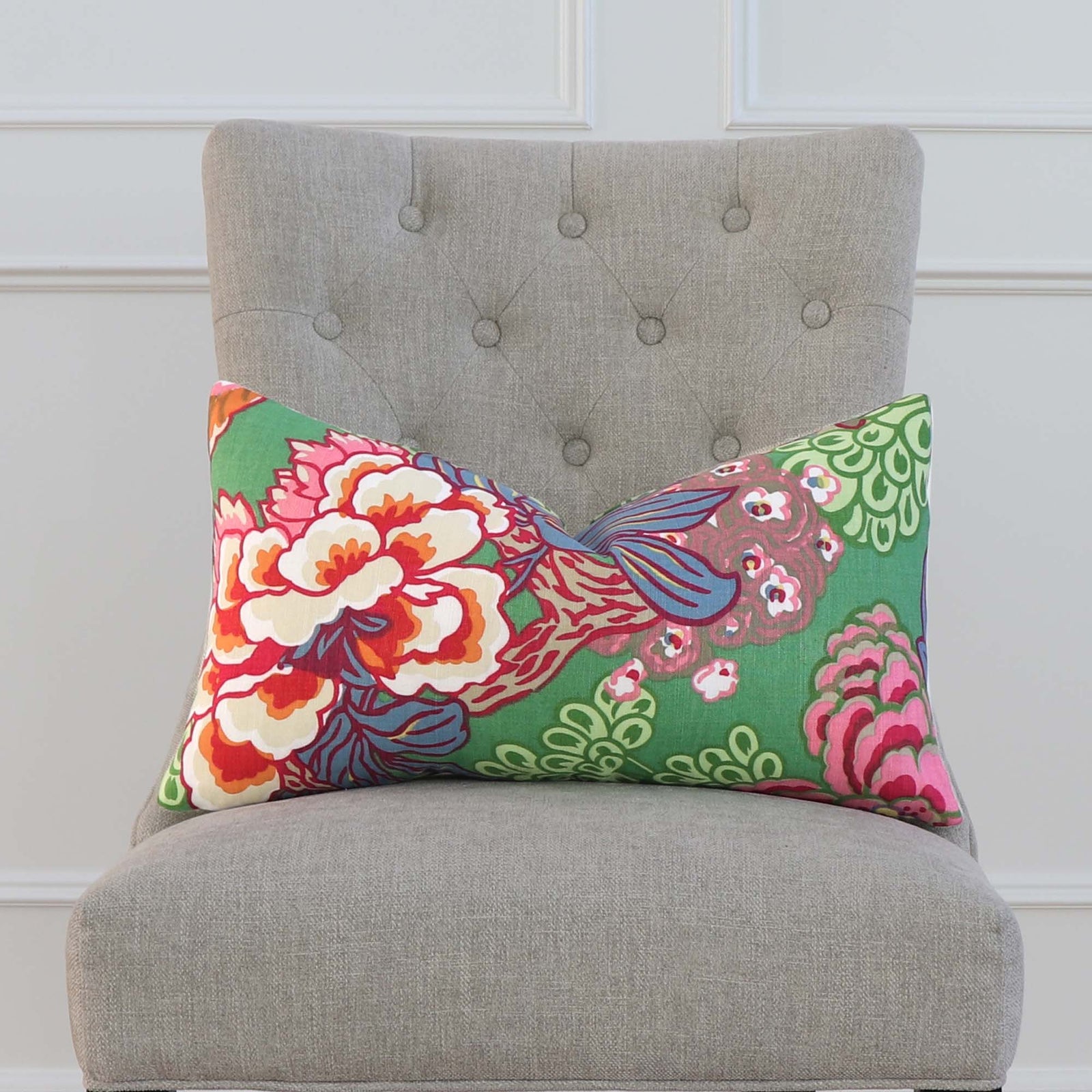 Thibaut Honshu Green Floral Designer Luxury Decorative Lumbar Throw Pillow Cover on Chair