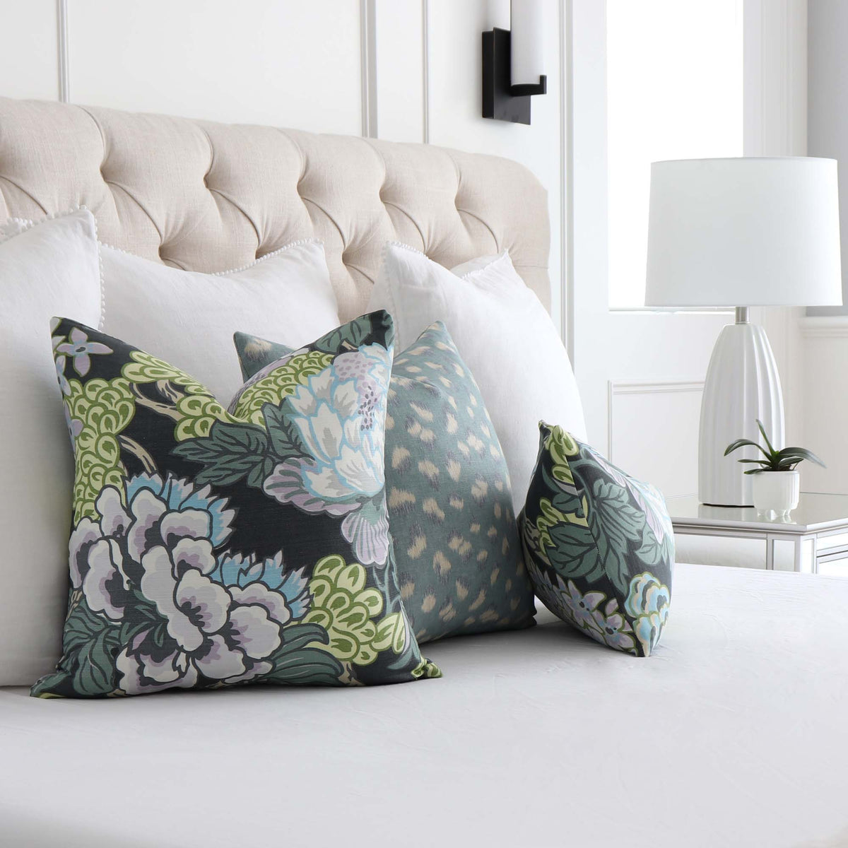 Thibaut Honshu Floral Grey Designer Decorative Throw Pillow Cover on Bed