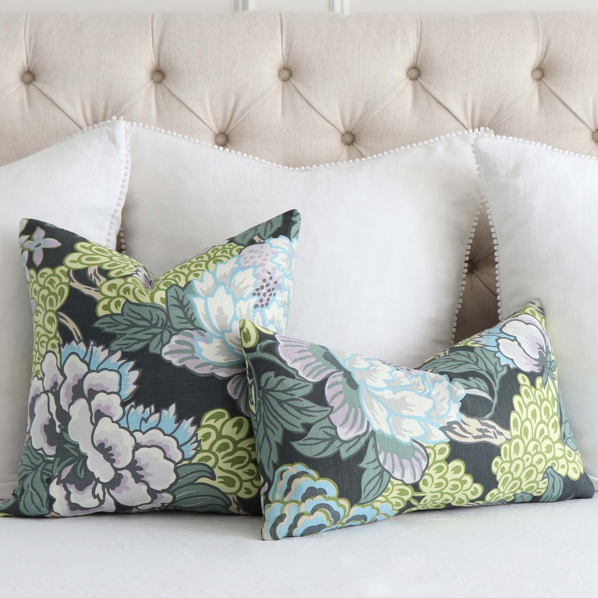 Thibaut Honshu Floral Grey Designer Decorative Throw Pillow Cover on Bed with White Shams