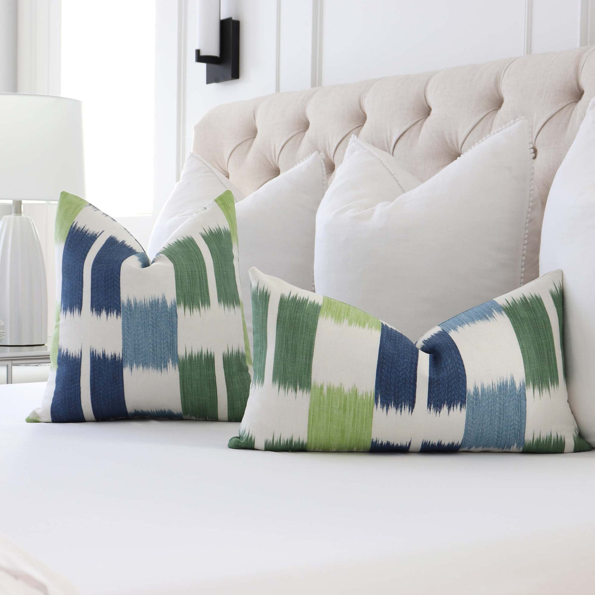 Thibaut Kasuri Stripe Blue and Green Ikat Decorative Designer Throw Pillow Cover in Bedroom